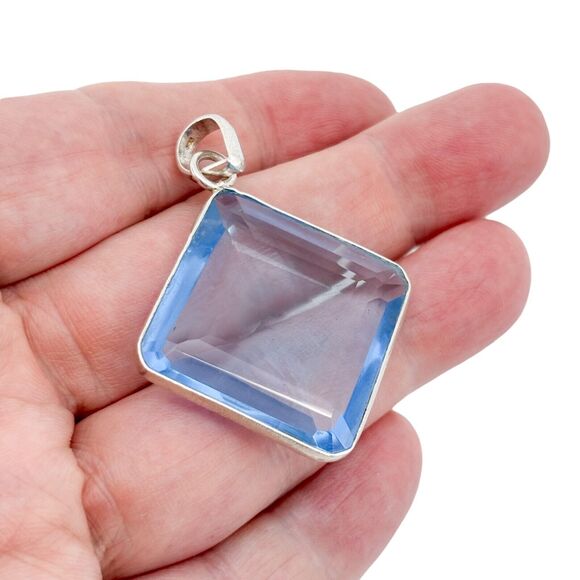 Vintage Sterling Silver 925 5.2cm Square Gem Cut Blue Spinel Pendant